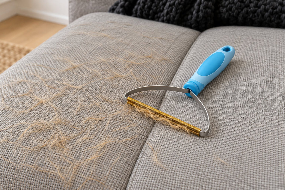 The All-Surface Tool hand scraper on a grey sofa cushion covered in golden dog hair