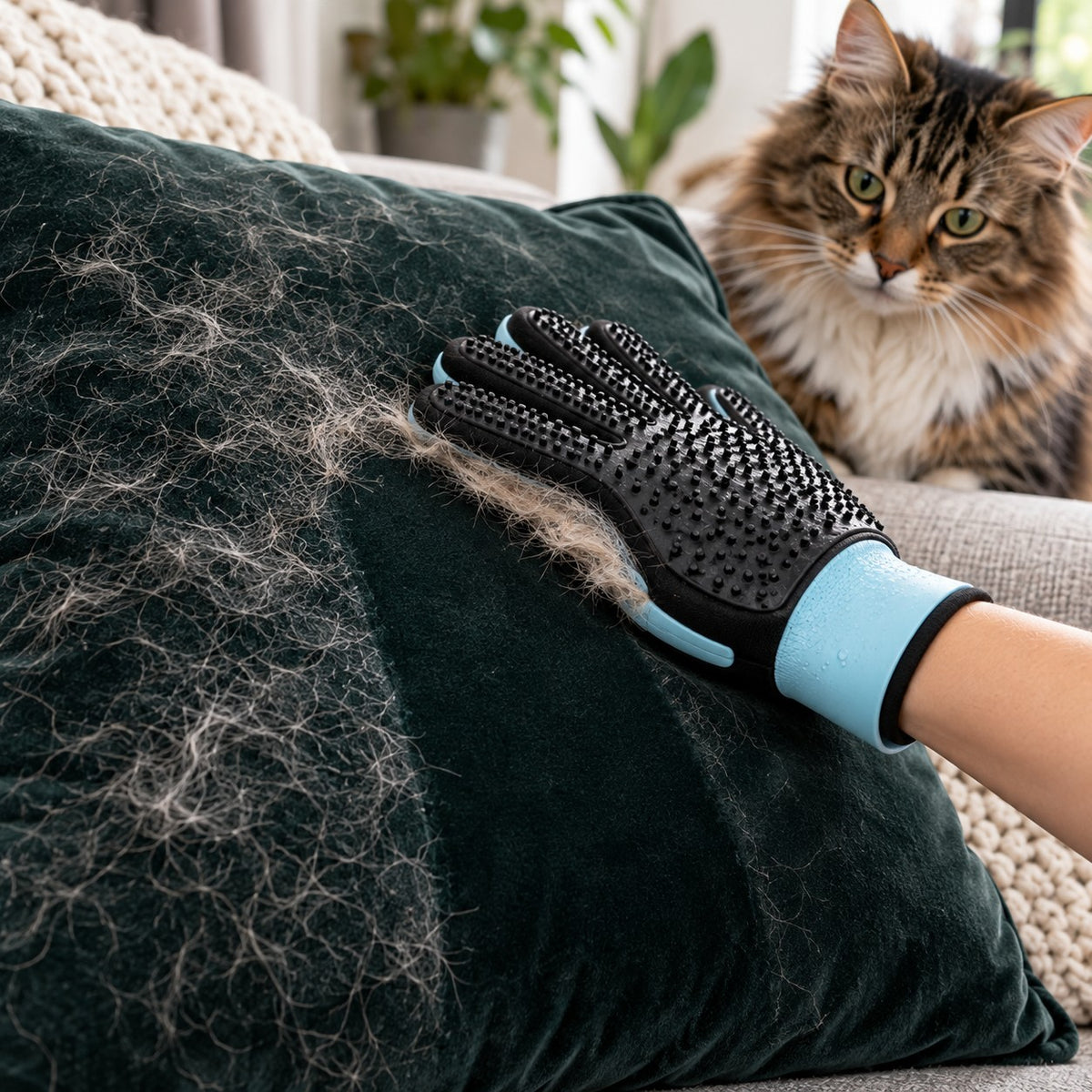 Removing cat hair from a green velvet cushion, a long-haired tabby cat watching