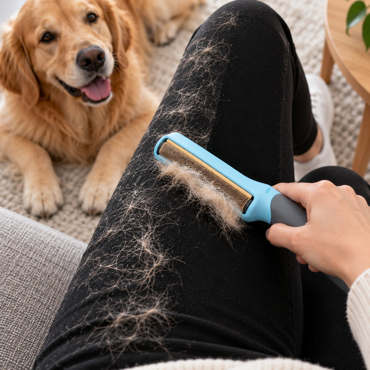 Brushing golden dog hair off black trousers while the golden retriever watches