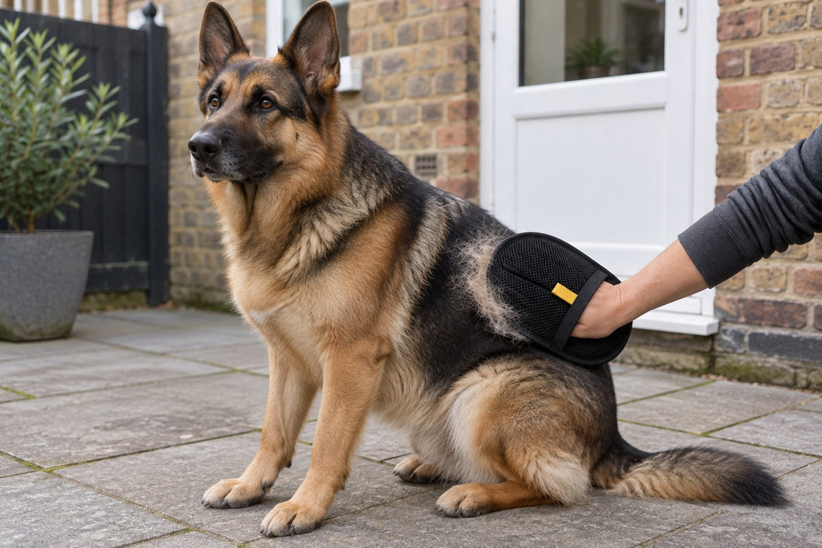 A German Shepherd groomed with the Meoggy Cuddle Glove on a garden patio, loose undercoat on the glove