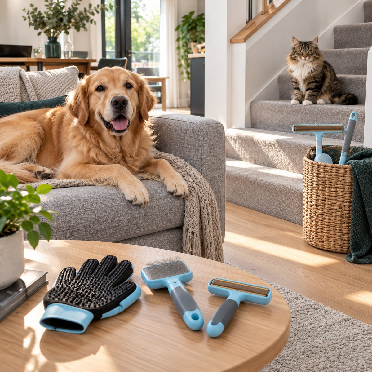 A golden retriever on the sofa and a cat on the stairs, grooming tools on the coffee table