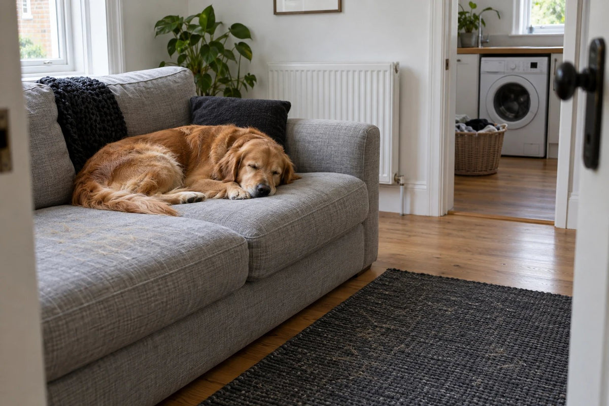 Golden retriever asleep on a grey sofa, pet hair on the cushion and the rug, laundry by the washing machine behind