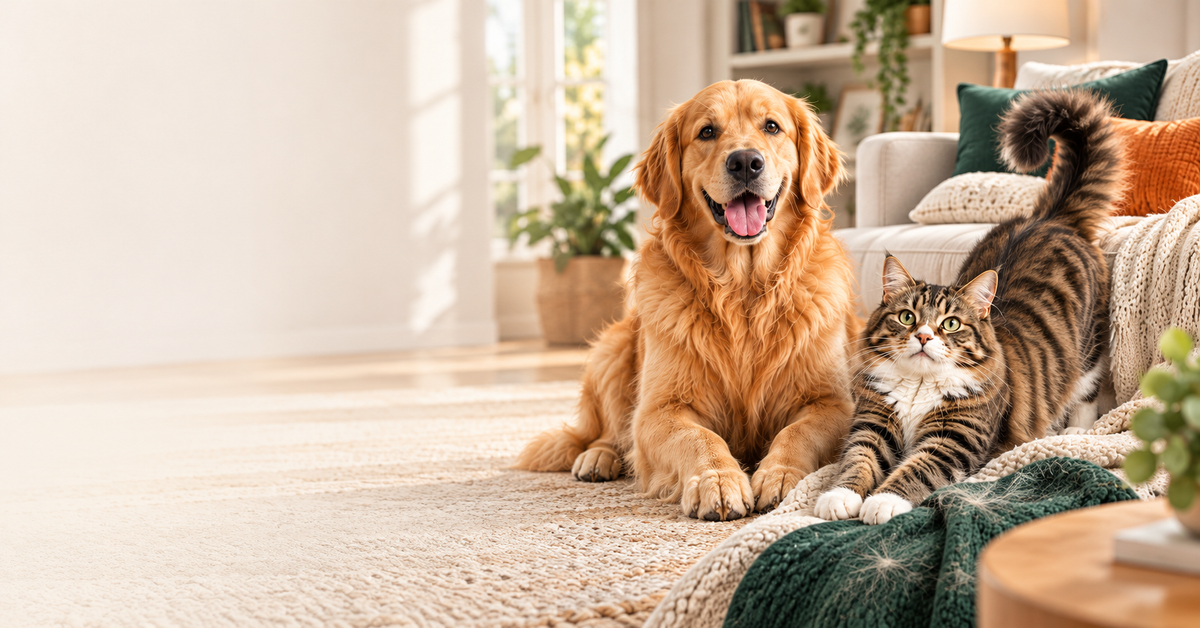 A golden retriever lying on a rug next to a tabby cat in a bright living room
