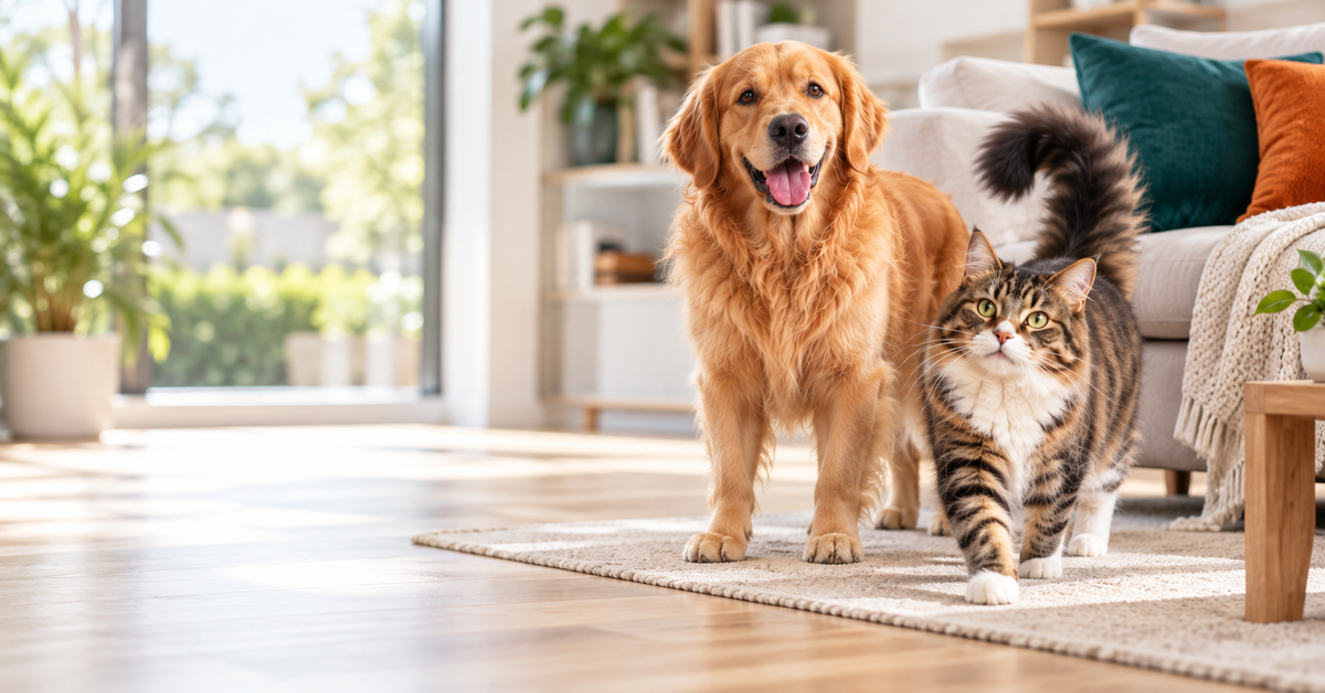 A golden retriever and a tabby cat standing side by side on a rug in a bright living room