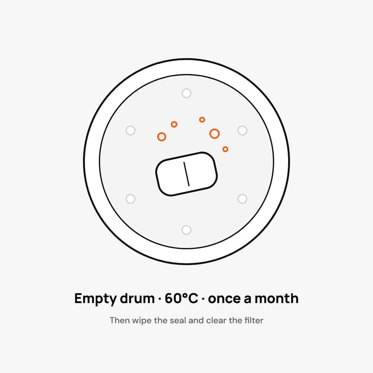 One tablet in an empty drum: empty drum, 60°C, once a month