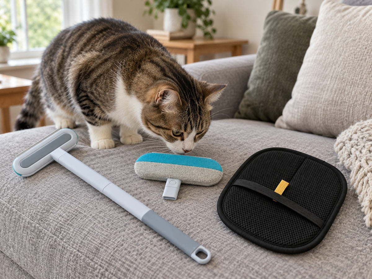 A tabby cat sniffing pet hair tools laid out on a grey sofa