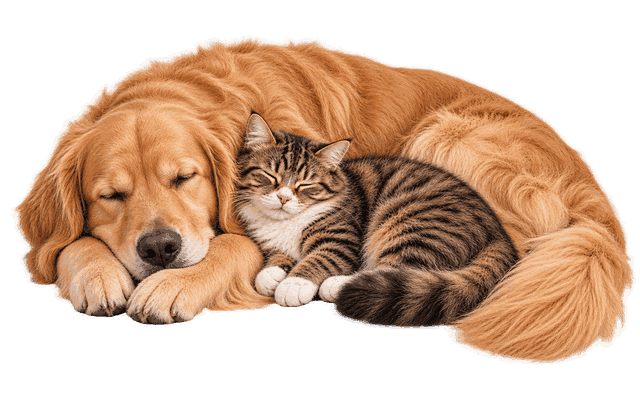A golden retriever and a tabby cat asleep together