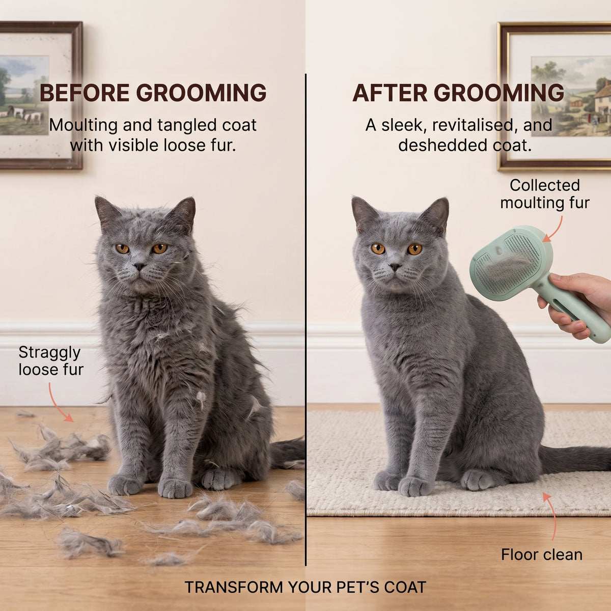 Before and after grooming a cat's tangled, moulting coat with the Meoggy Mist Comb, leaving the coat sleek and the floor clean