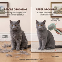 Before and after grooming a cat's tangled, moulting coat with the Meoggy Mist Comb, leaving the coat sleek and the floor clean