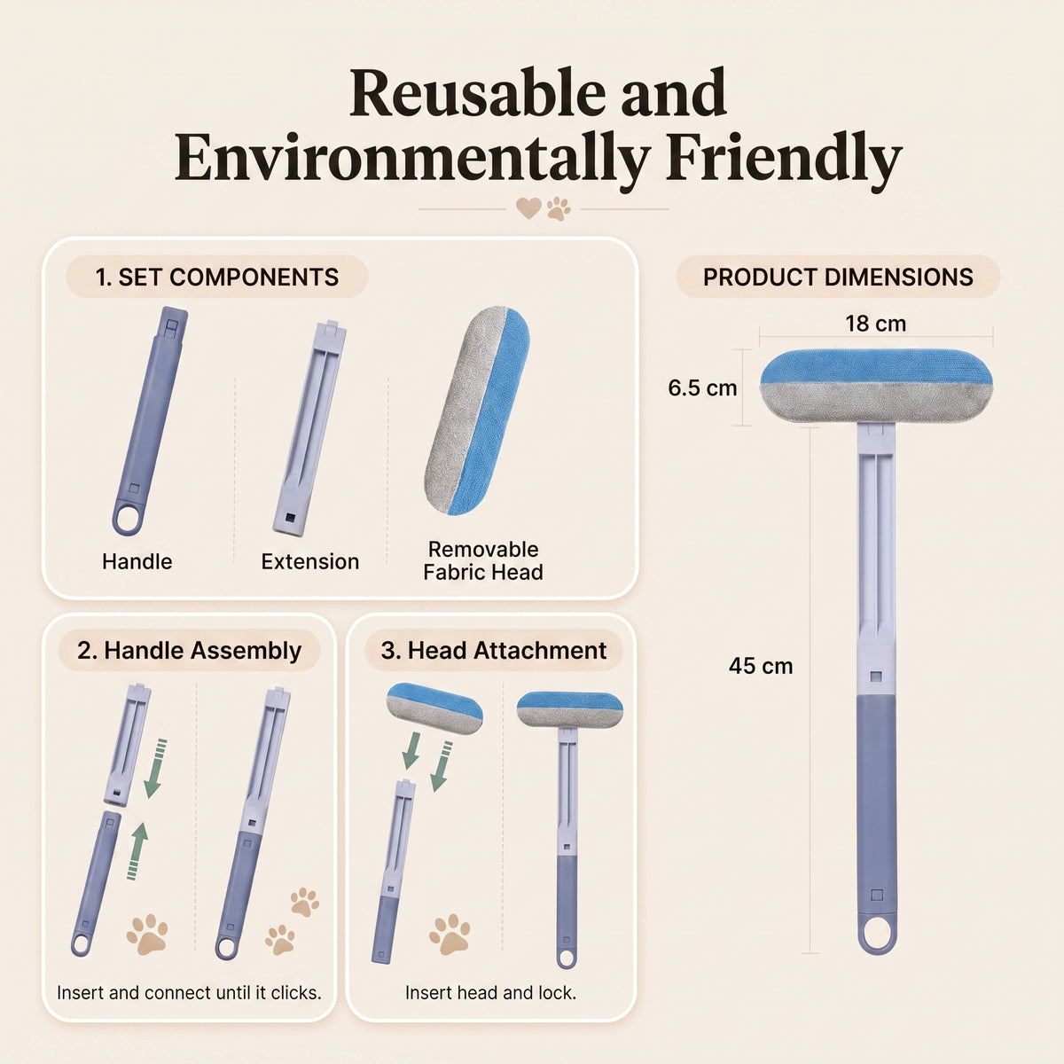 Diagram of the Dual Brush's handle, extension and removable fabric head, with assembly steps and full 45cm product dimensions