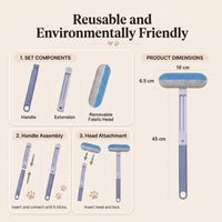 Diagram of the Dual Brush's handle, extension and removable fabric head, with assembly steps and full 45cm product dimensions