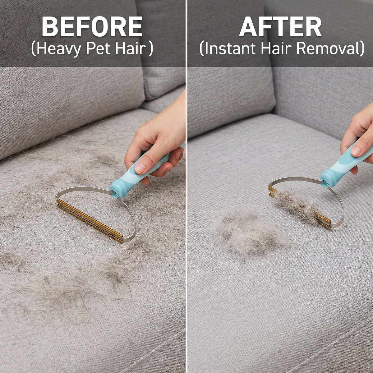 Before and after: heavy pet hair on a grey sofa cushion, then instantly lifted using the All-Surface Tool's mini scraper
