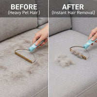 Before and after: heavy pet hair on a grey sofa cushion, then instantly lifted using the All-Surface Tool's mini scraper
