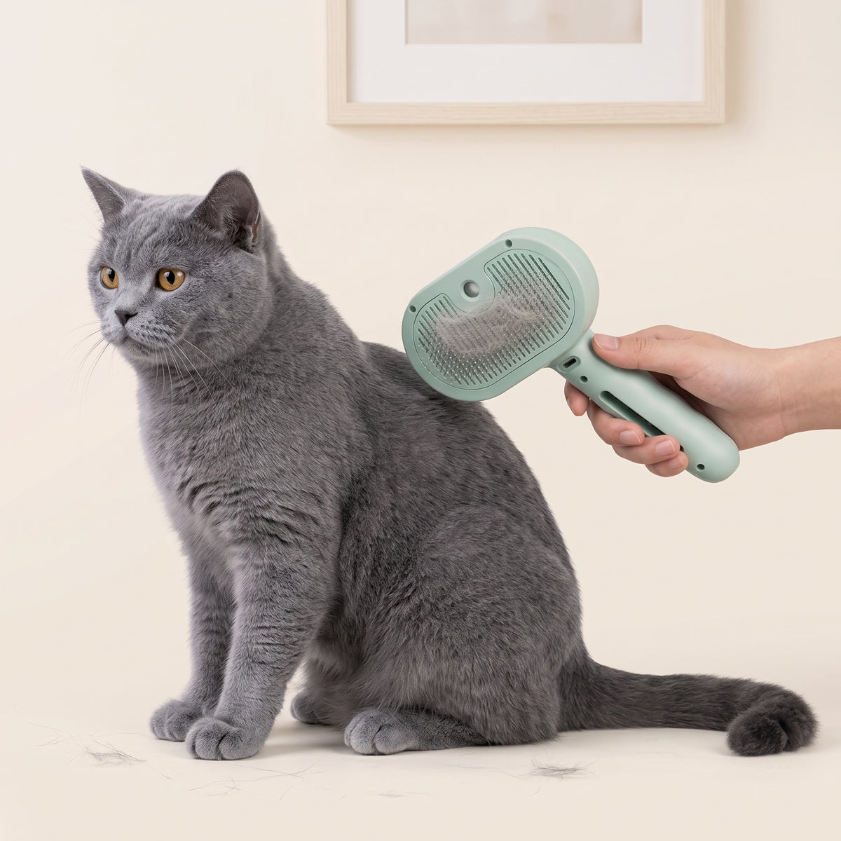 A grey British Shorthair cat being groomed on the back with the Meoggy Mist Comb