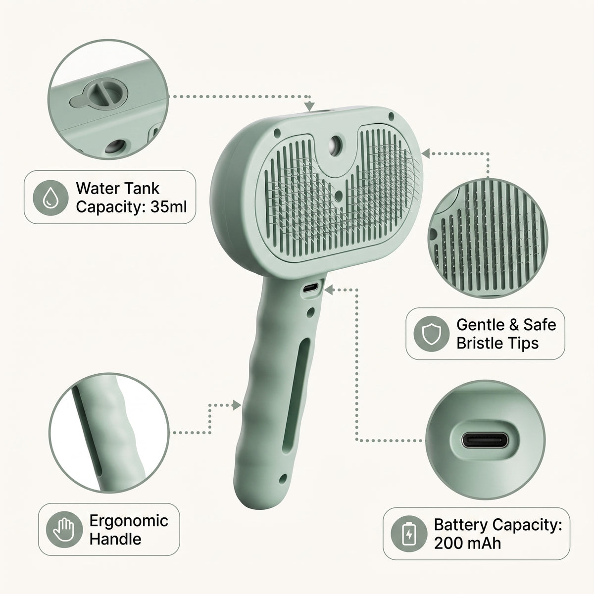 Diagram of the Mist Comb highlighting its 35ml water tank, gentle bristle tips, ergonomic handle and 200mAh rechargeable battery