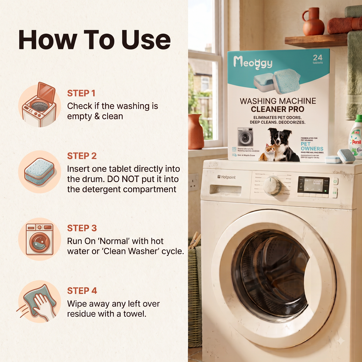Meoggy Machine Tablets — Pet Hair & Odour Remover for Washing Machines
