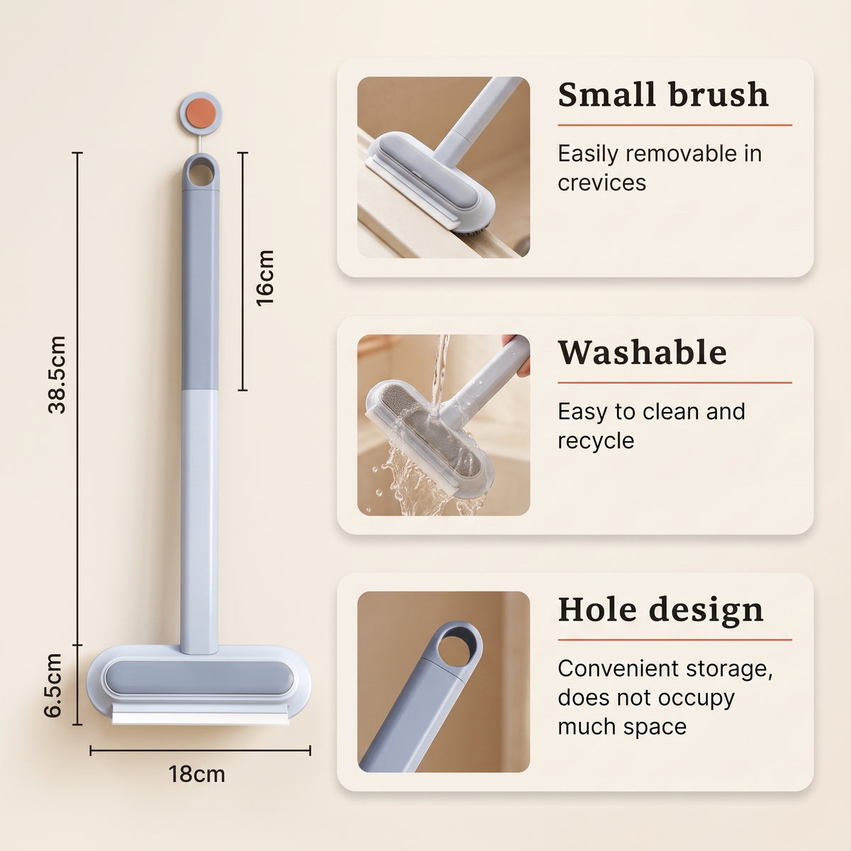 Meoggy Dual Brush size diagram (38.5cm long, 18cm wide) with callouts for the removable small brush, washable head and hole-design storage