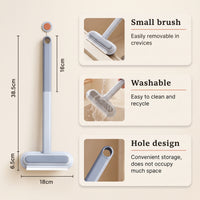 Meoggy Dual Brush size diagram (38.5cm long, 18cm wide) with callouts for the removable small brush, washable head and hole-design storage