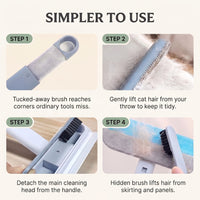 Four-step diagram showing the Dual Brush's hidden secondary brush reaching corners and lifting hair from fabric