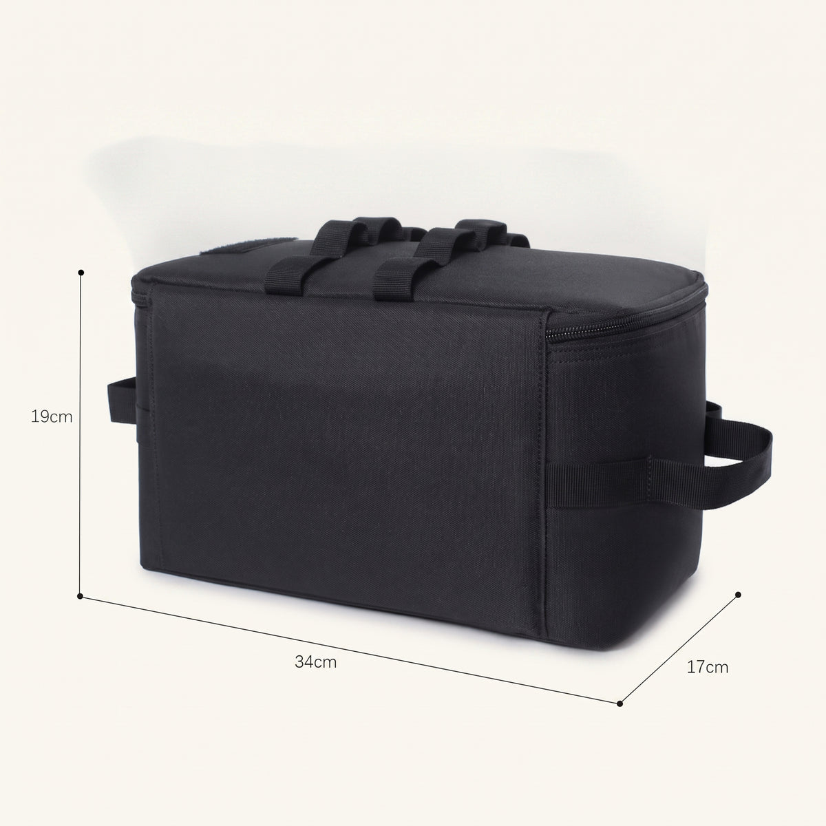 Meoggy Grooming Kit Bag dimension diagram, 34cm x 17cm x 19cm