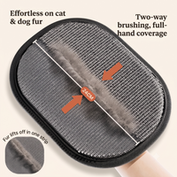 Diagram of the Cuddle Glove's mesh palm lifting a strip of fur in one pass, with two-way brushing and 24cm size callouts
