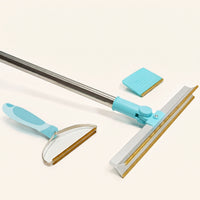 The three Meoggy All-Surface Tool components laid out: long-handled deshedding squeegee, handheld mini scraper and detachable surface pad