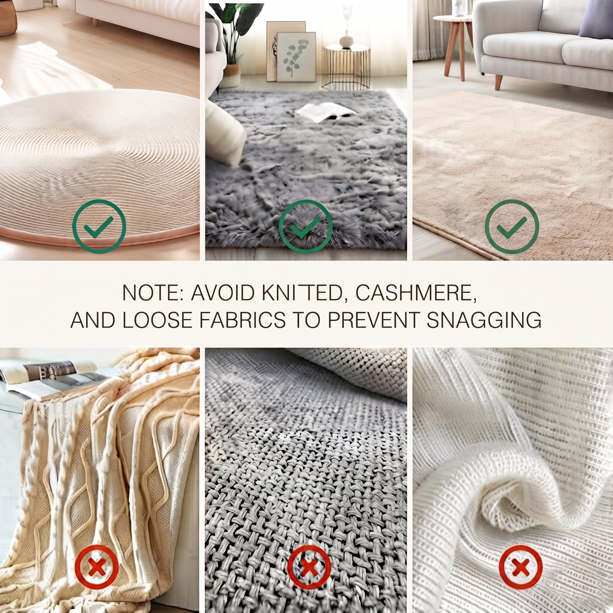 Surface compatibility guide showing safe use on rugs and carpets, with a warning to avoid knitted, cashmere and loose-weave fabrics