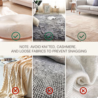 Surface compatibility guide showing safe use on rugs and carpets, with a warning to avoid knitted, cashmere and loose-weave fabrics