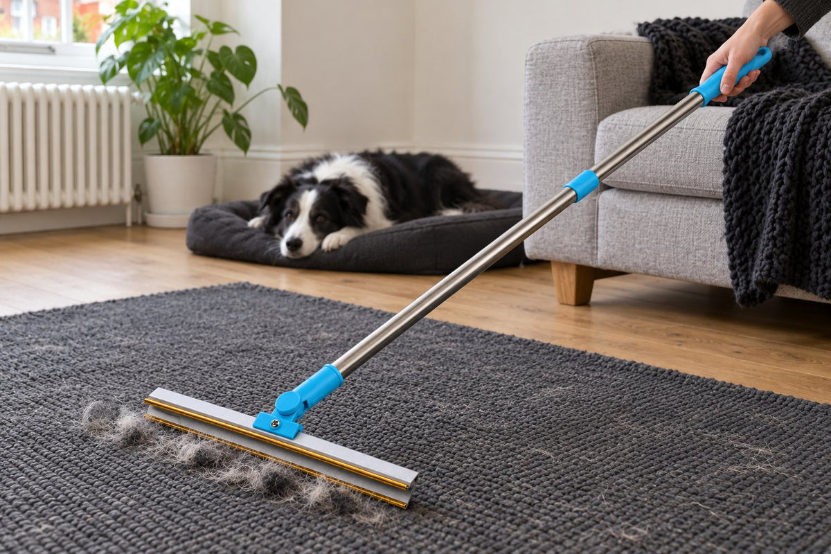 The All-Surface Tool rake pulling dog hair out of a rug, a border collie resting on its bed