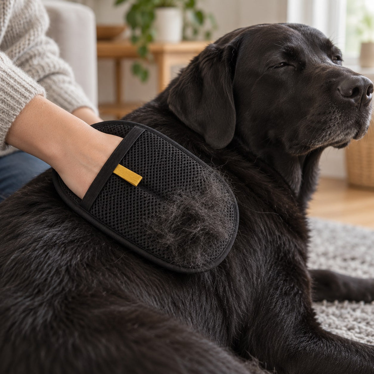 A black Labrador relaxing while being groomed with the Meoggy Cuddle Glove