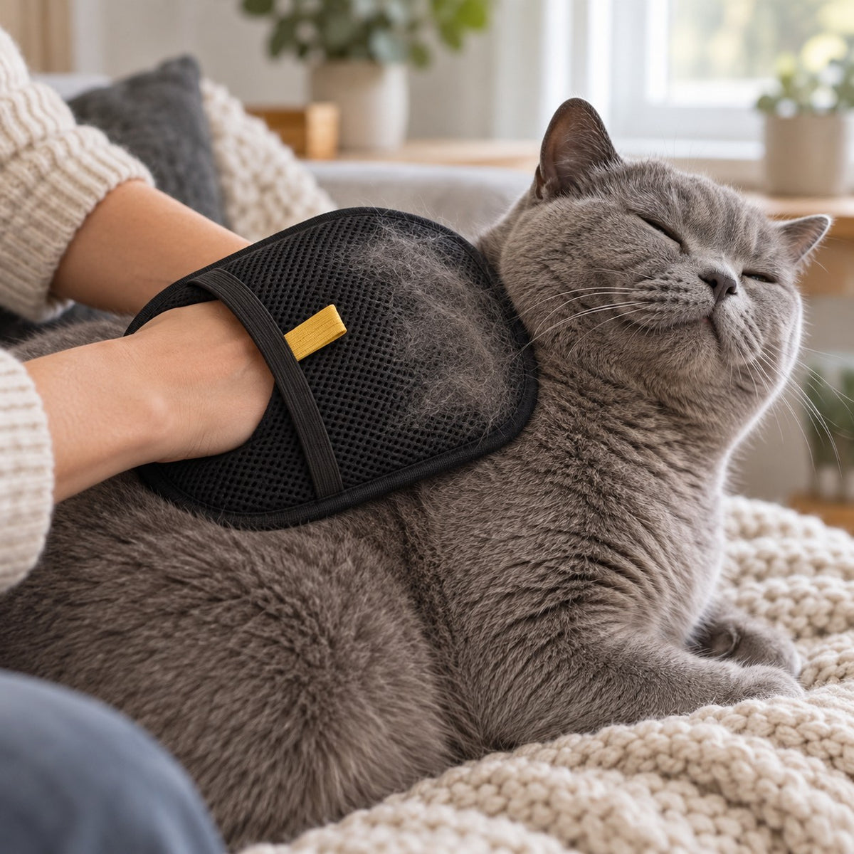 A grey British Shorthair cat enjoying a stroke with the Meoggy Cuddle Glove