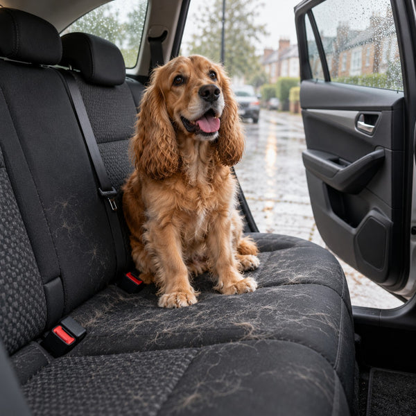 A cocker spaniel on a car back seat with dog hair on the fabric, rain outside