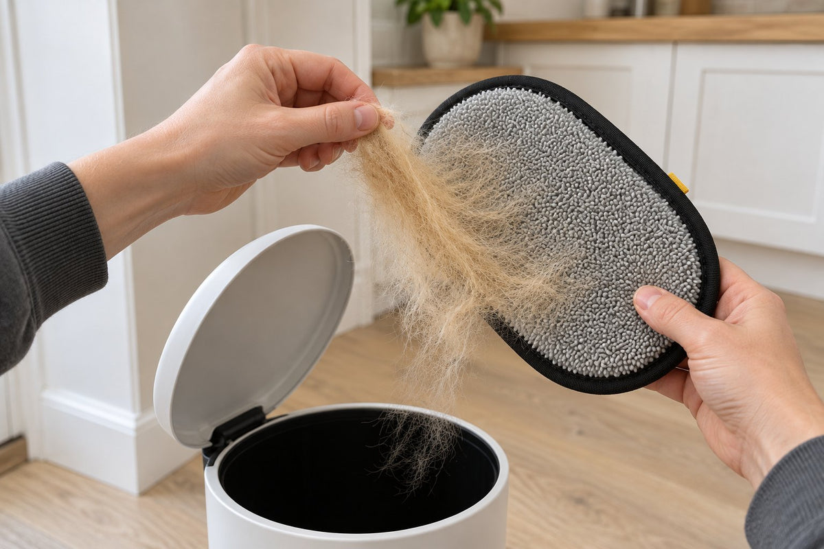 Peeling golden dog fur off the Meoggy Cuddle Glove into a kitchen pedal bin