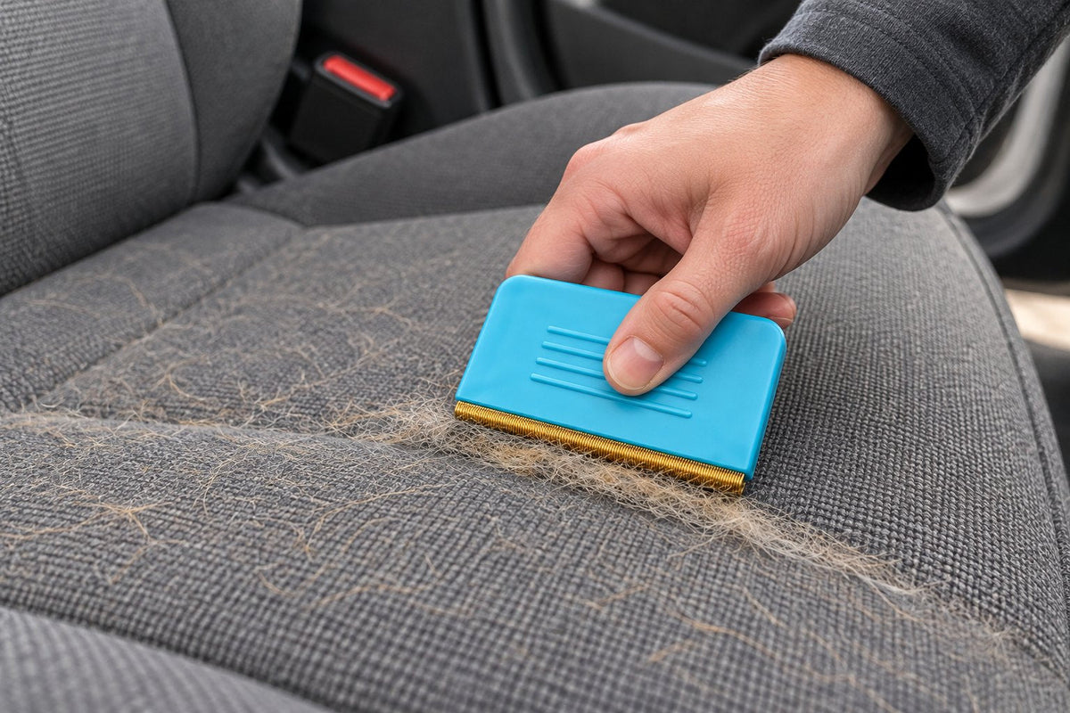 The Meoggy flat board lifting a strip of dog hair off a grey fabric car seat