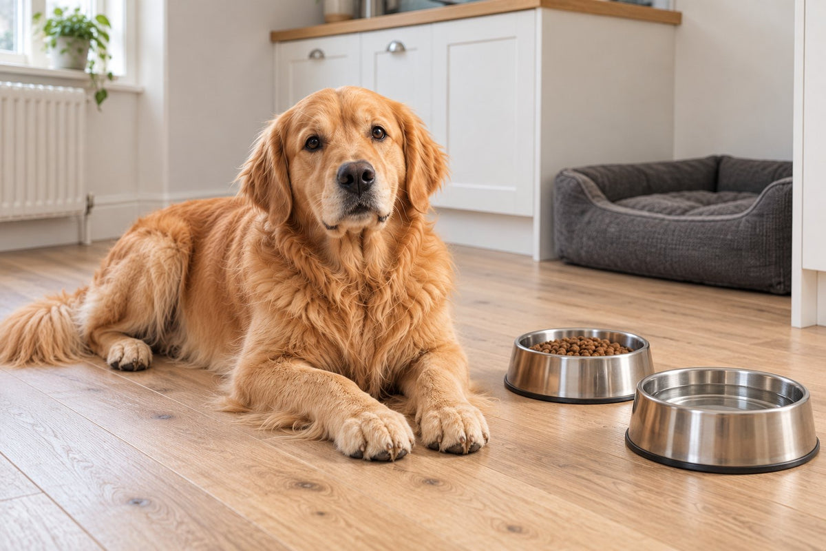 A golden retriever lying in the kitchen next to its food and water bowls