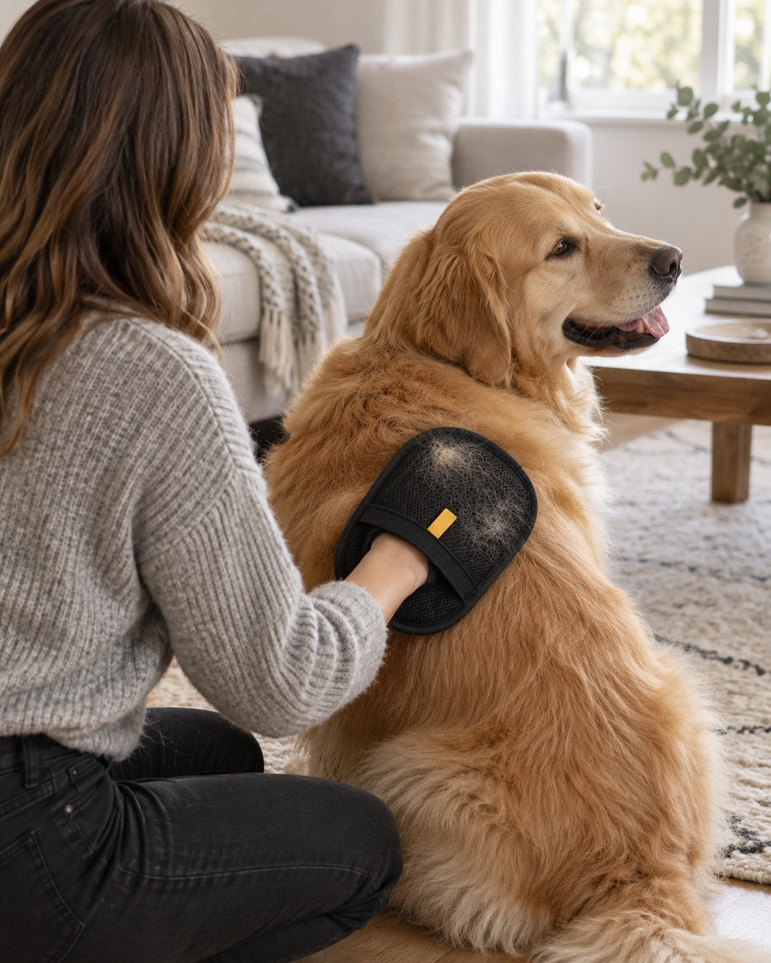 Grooming a golden retriever at home with the Meoggy Cuddle Glove