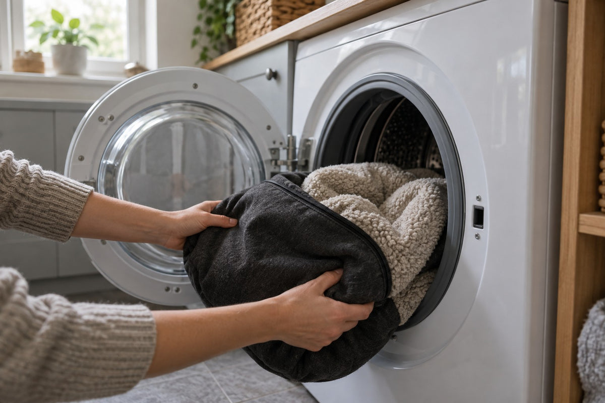 Hands loading a dog blanket into a washing machine drum