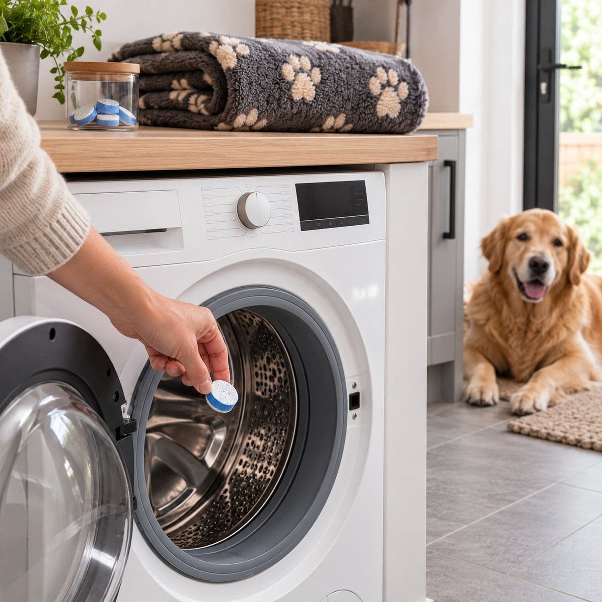 A hand dropping a cleaning tablet into an empty washing machine drum, a golden retriever lying nearby