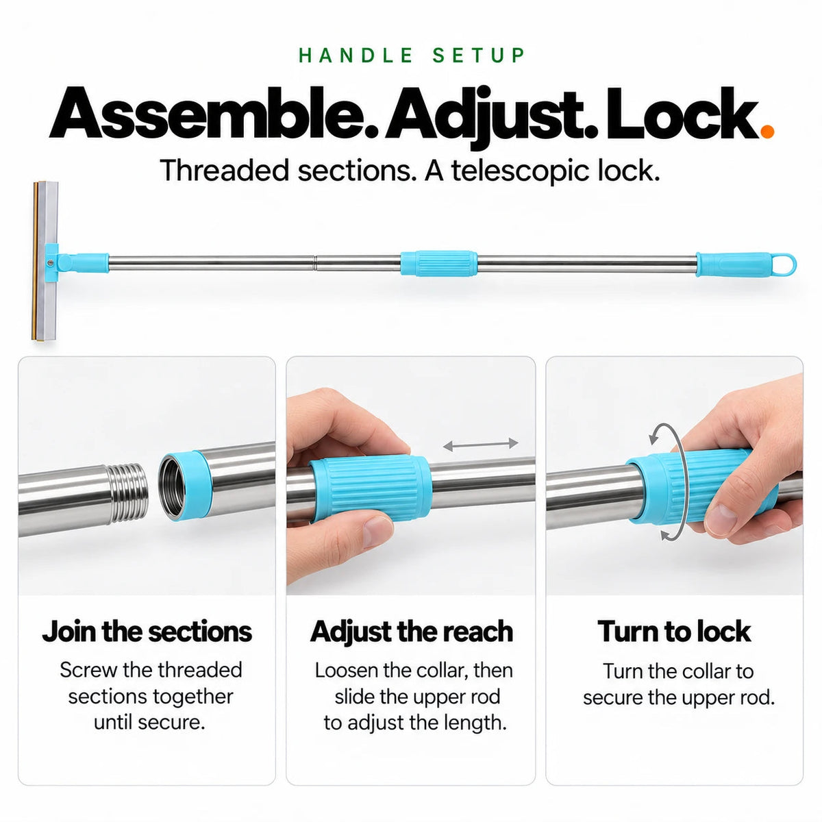 Handle setup: screw the threaded sections together, adjust the telescopic length, turn the collar to lock
