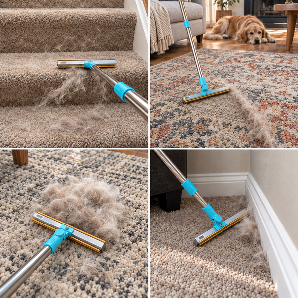 The All-Surface Tool's rake pulling pet hair out of carpet, rugs and stairs