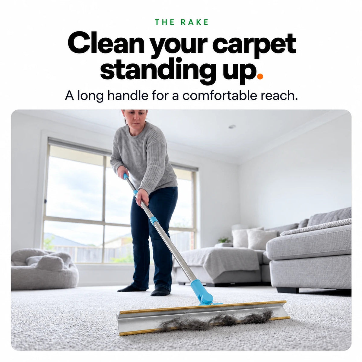 Raking pet hair out of a living room carpet standing up, with the long telescopic handle