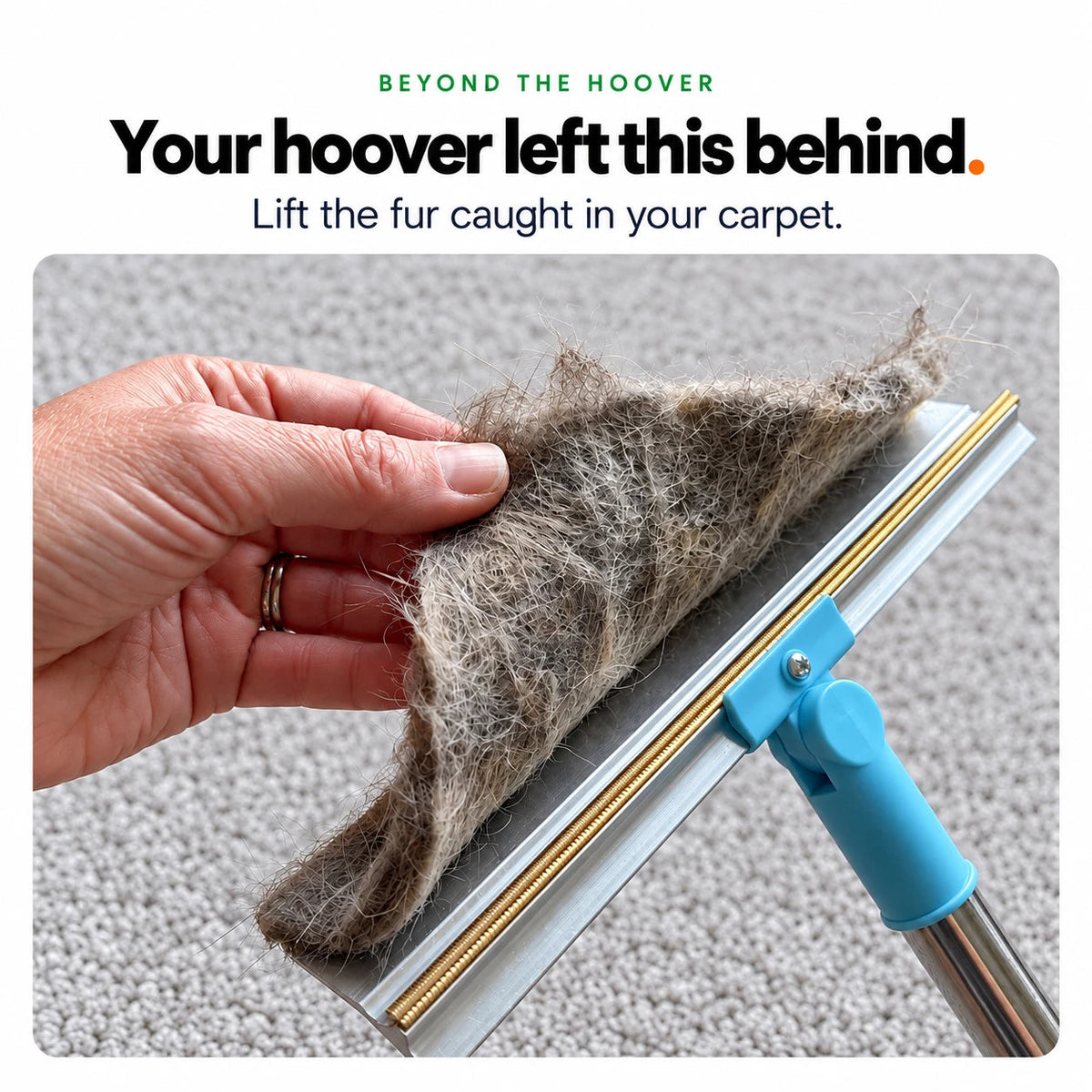 A sheet of pet fur lifted from a hoovered carpet with the All-Surface Tool rake