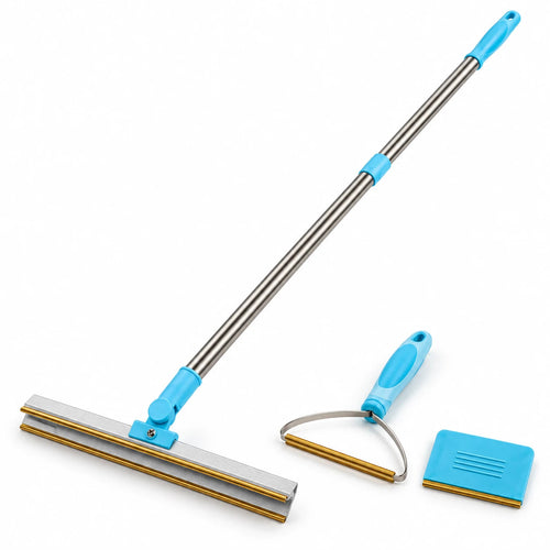 Meoggy All-Surface Tool, a 3-in-1 pet hair remover for carpet, sofa and car: telescopic rake, handheld scraper and flat board