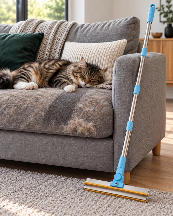 A grey sofa cushion dulled by pet hair with one clean stripe where the Meoggy All-Surface Tool pulled the fur out, a tabby cat asleep beside it