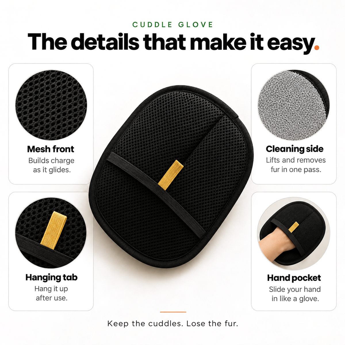 Meoggy Cuddle Glove details: black mesh front, grey cleaning side, yellow hanging tab and hand pocket