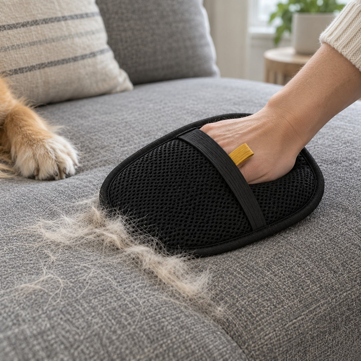 The Meoggy Cuddle Glove gathering pet hair from a grey fabric sofa