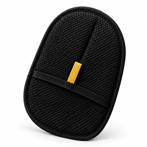 Meoggy Cuddle Glove, a reusable pet hair remover glove for cats and dogs: black mesh front with a yellow tab