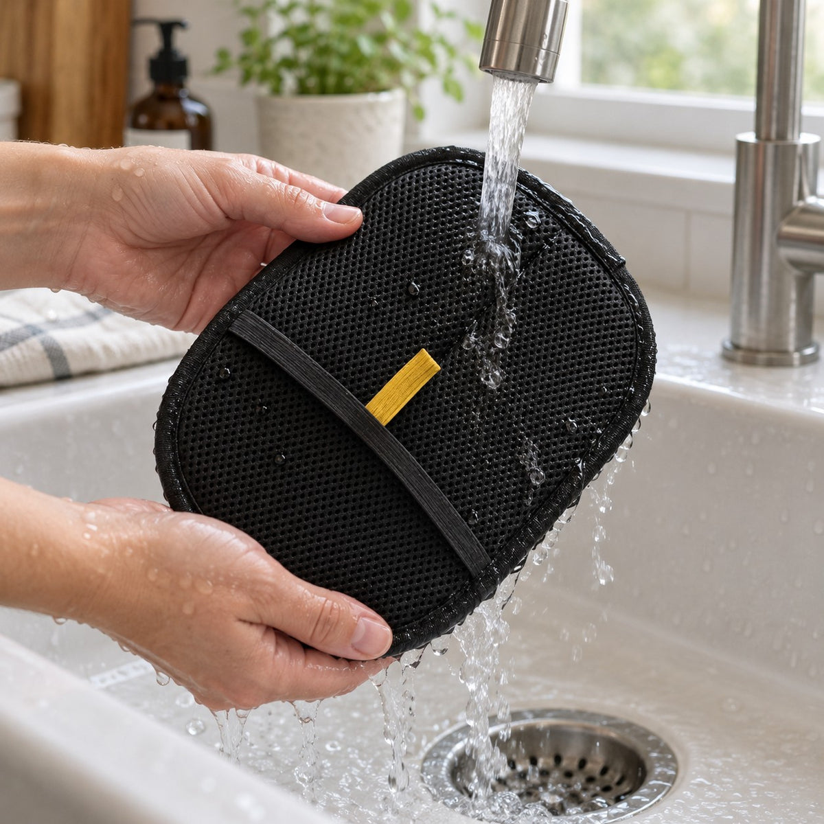 Rinsing the Meoggy Cuddle Glove under a running kitchen tap