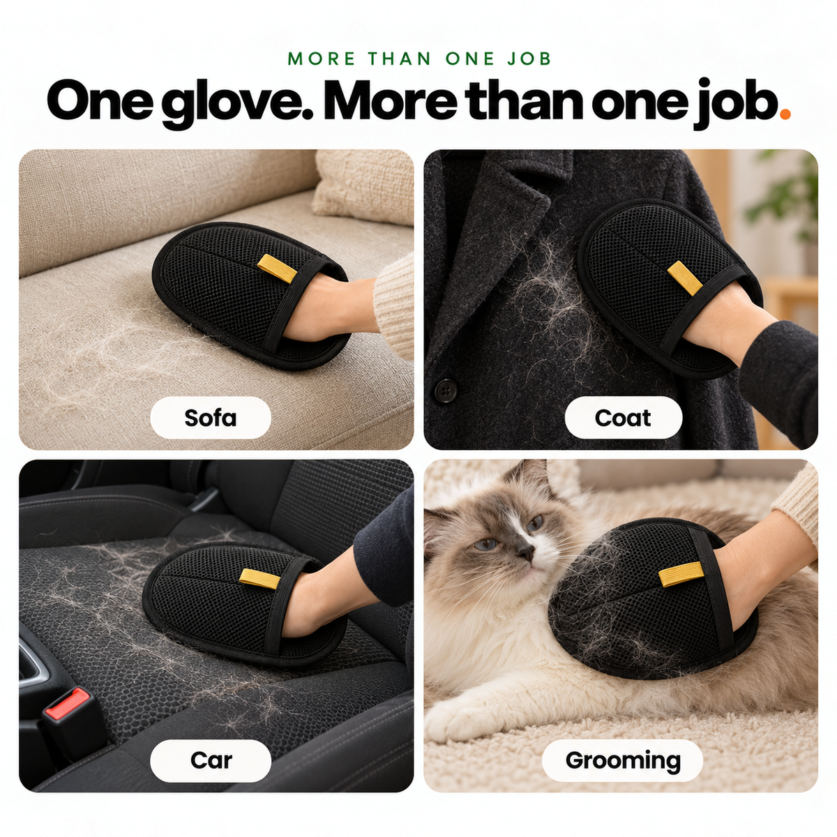 The Cuddle Glove used on a sofa, a coat, a car seat and a fluffy cat