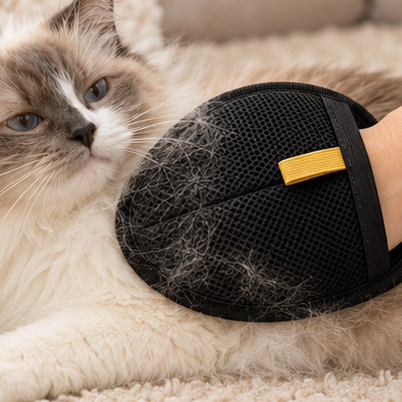 A relaxed cat being stroked with a grooming glove